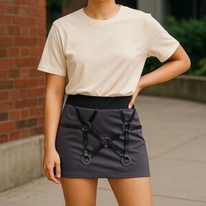 Darque Fetish Biker Gothic Faux‎ Leather Straps & Spikes Mini Skirt